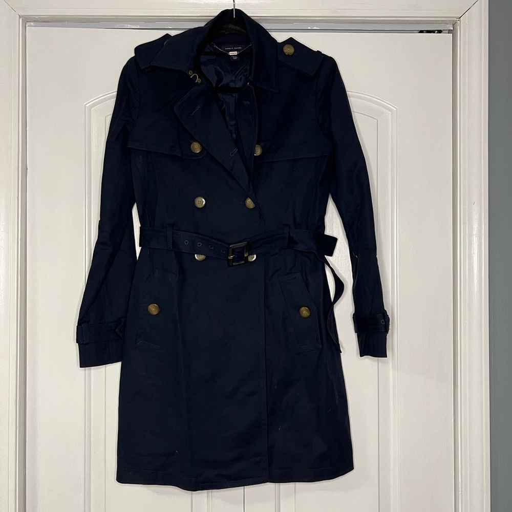 Tommy Hilfiger navy trench coat, size Small, shoulder pads.